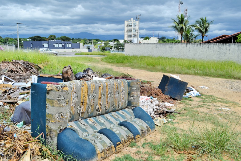 Sofá abandonado em terreno na Nova Guará é exemplo de descarte irregular na cidade (Foto: Estéfani Braz)