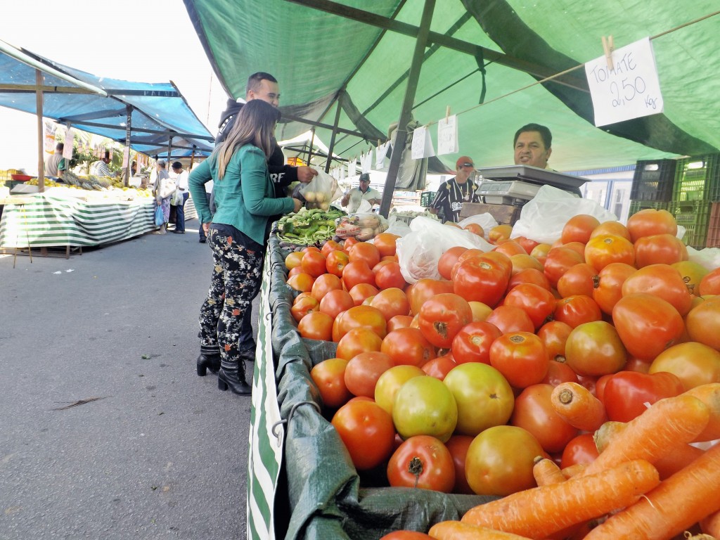 A barraca de frutas e legumes recebe atenção de consumidora em feira de Lorena; cidade avalia mudanças no sistema para feirantes (Foto: Lucas Barbosa)