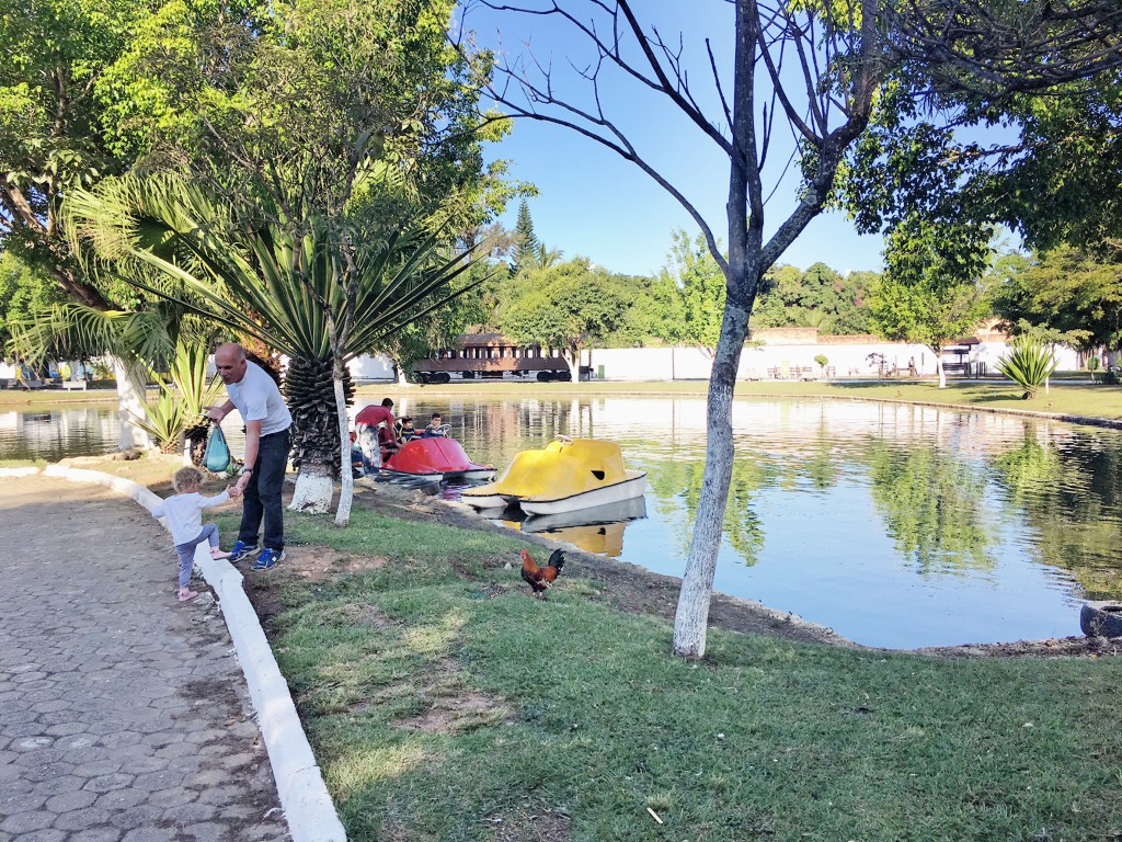 Homem leva neto para passear no Parque Municipal, que recebeu reforma e ganhou dois novos pedalinhos; atração tem tarifa de R$ 2 (Foto: Jéssica Dias)