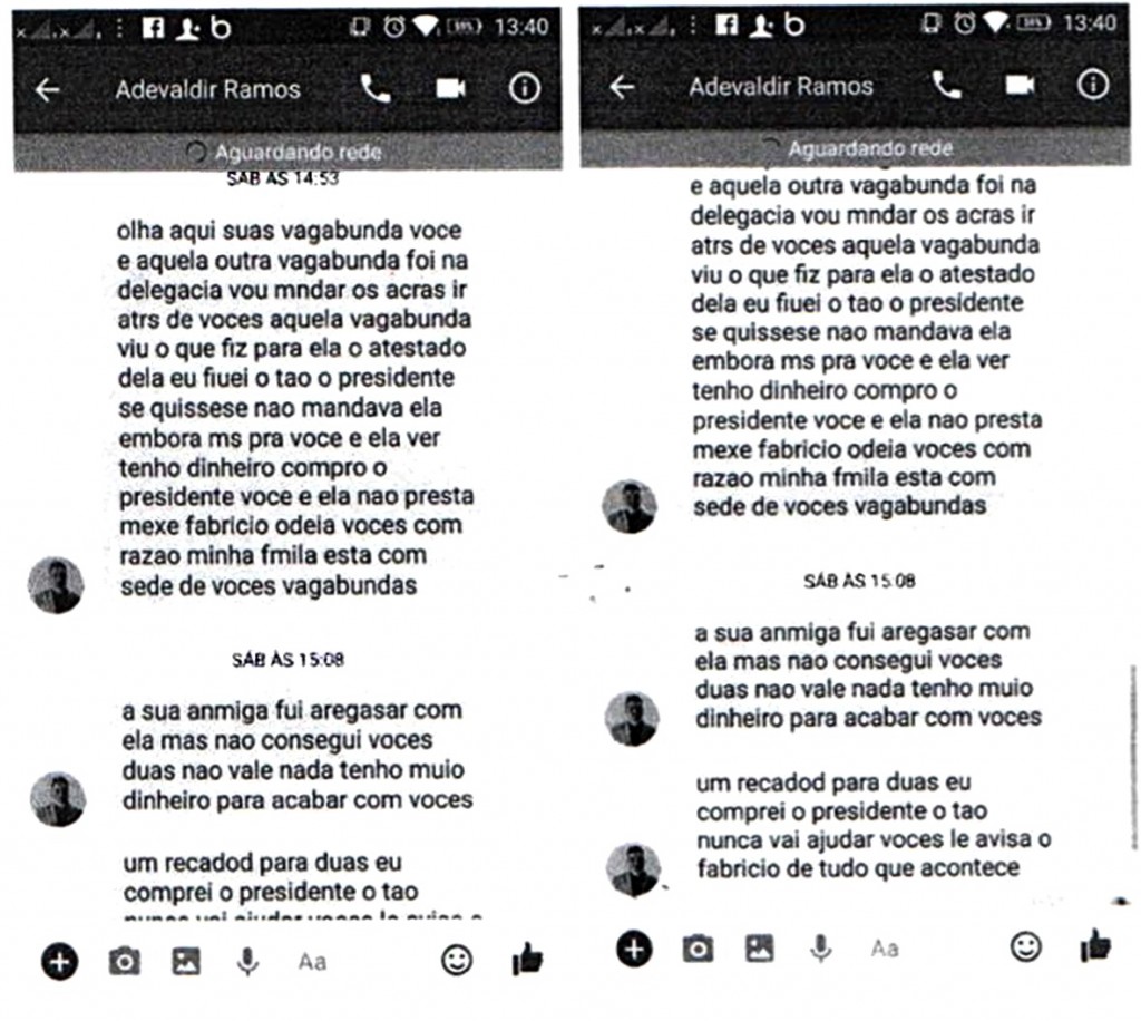Trecho de mensagens online que teriam sido enviadas pelo vereador Adevaldir Ramos à ex-assessora