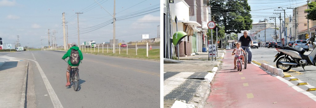 Jovem ciclista passa pela estrada próxima a receber implantação de ciclovia, em cronograma da Prefeitura; na avenida Targino Villela Nunes, família aproveita faixa implantada na primeira fase do programa (Fotos: Lucas Barbosa)