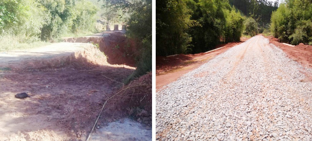 O antes e o depois do acesso principal ao bairro do Bonfim, na zona rural de Aparecida; obra foi entregue após pressão de famílias do local (Fotos: Reprodução PMA)