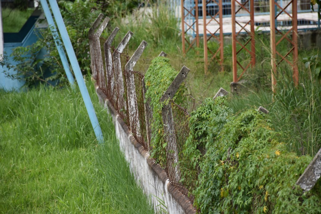 Quadra em desuso e mato cobrindo alambrado do campo de futebol; condições do atual Joana D'Arc (Foto: Colaboração)